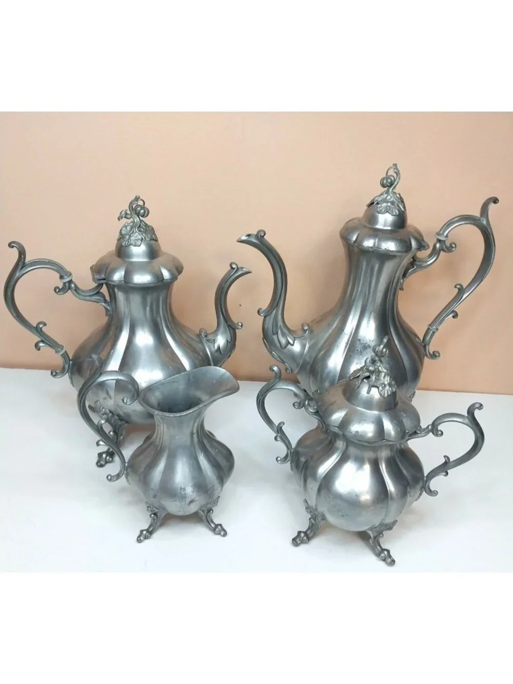 Reed & Barton Winthrop Pewter Tea Coffee Set 4-Piece Pumpkin Finials Mid Century